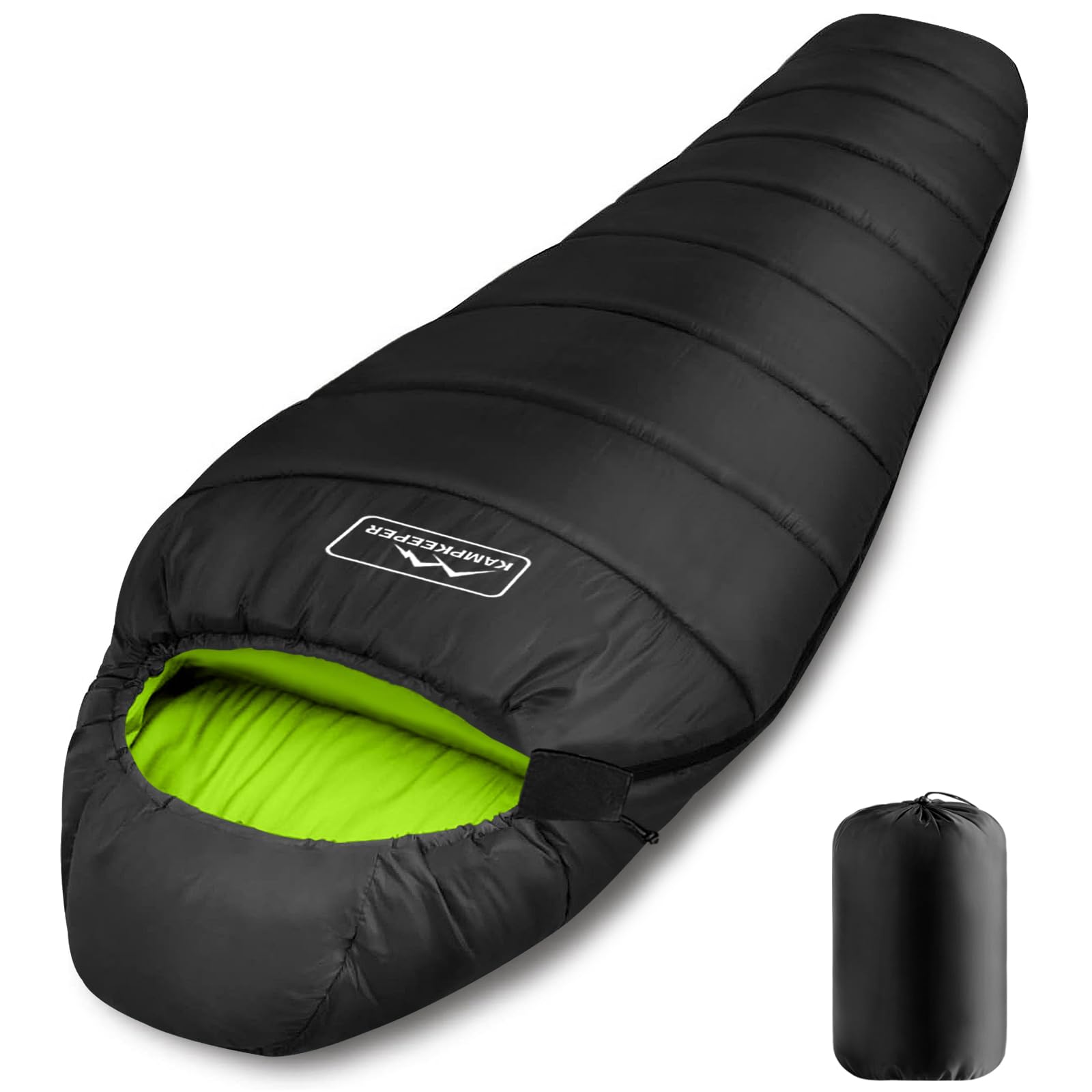 KAMPKEEPER Mummy sleeping bag front view showing warmth and roominess.
