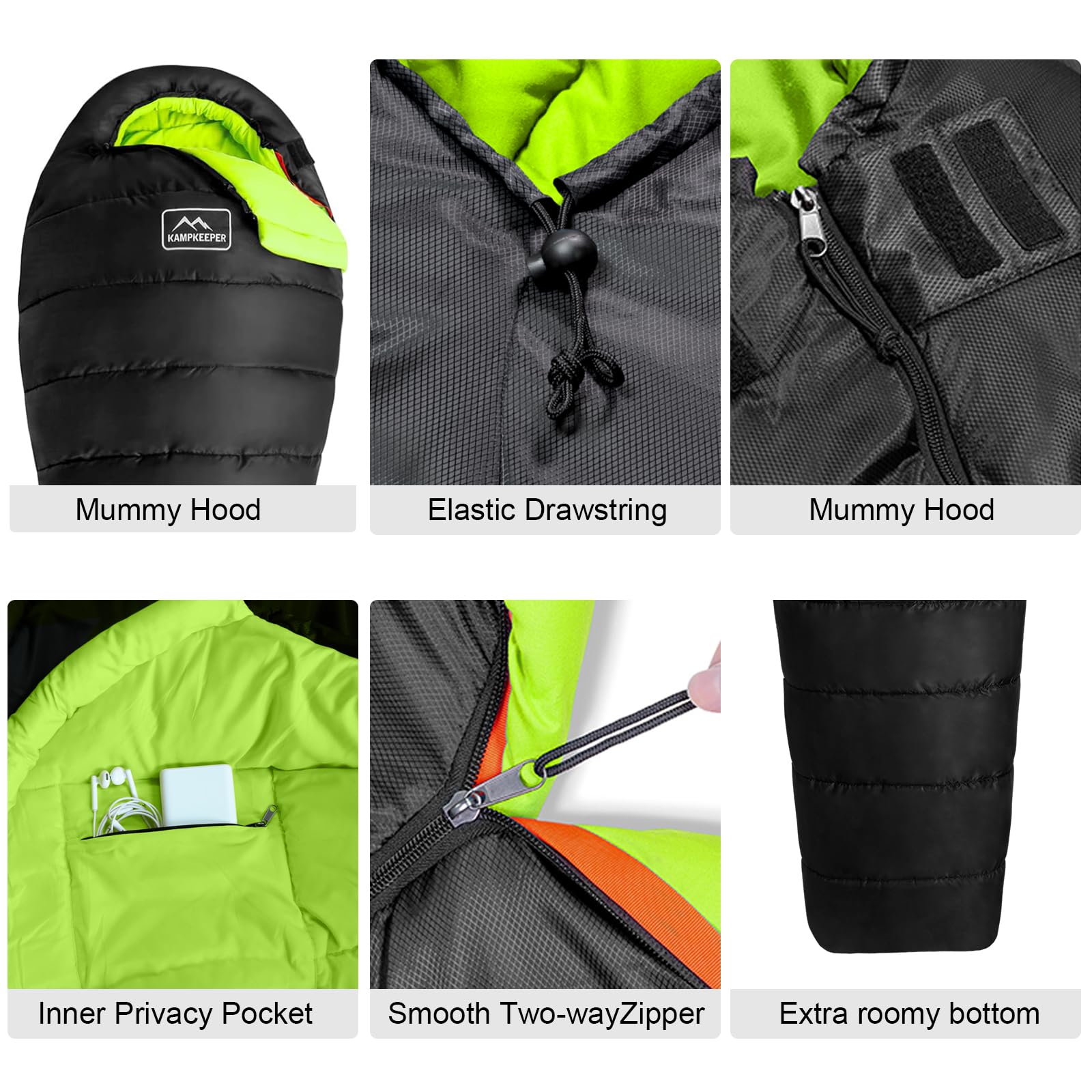 KAMPKEEPER Mummy sleeping bag interior pocket for small essentials.