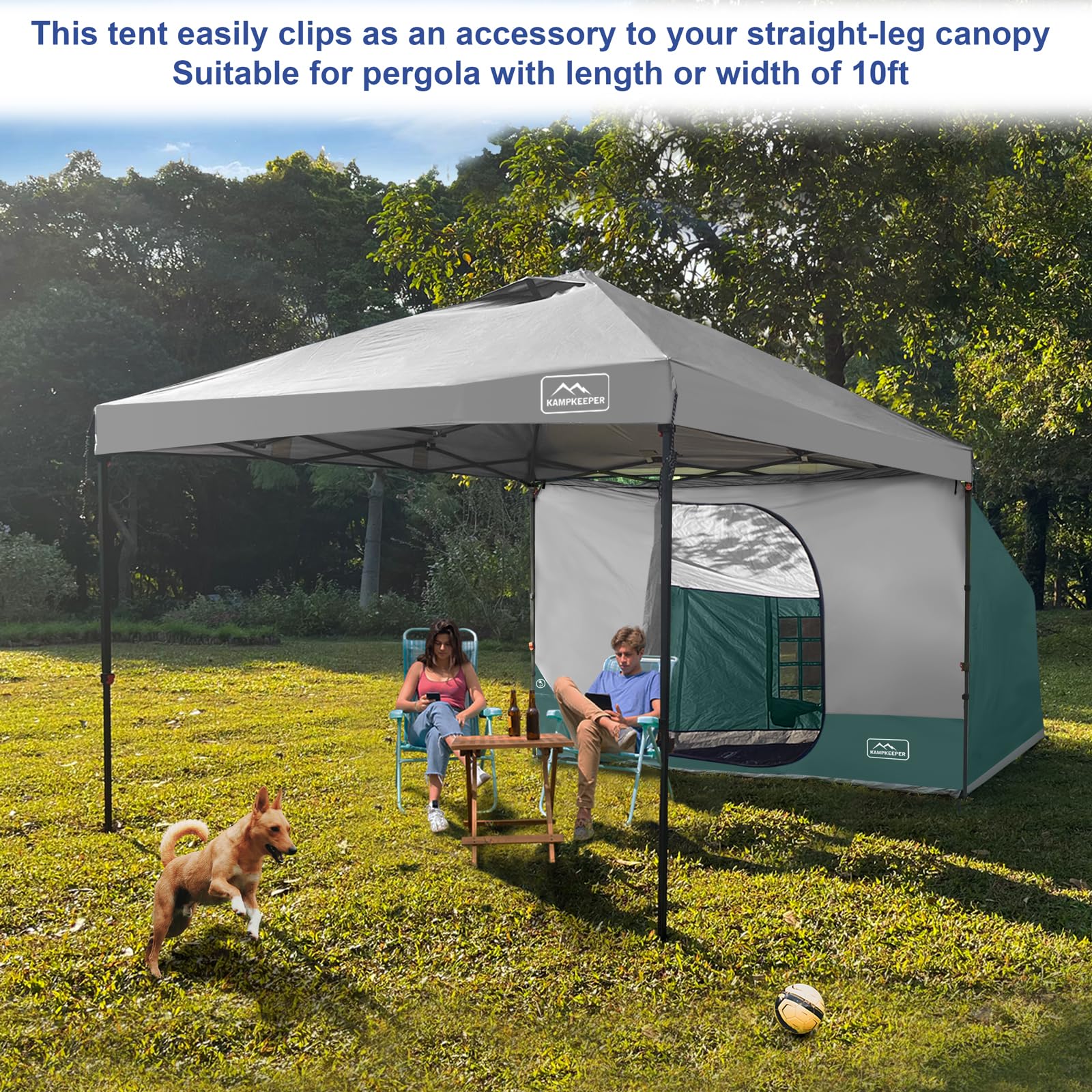 KAMPKEEPER Side Tent clip-attachment enables quick setup on 10-foot canopy frames.