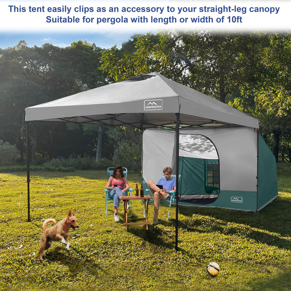KAMPKEEPER Side Tent clip-attachment enables quick setup on 10-foot canopy frames.