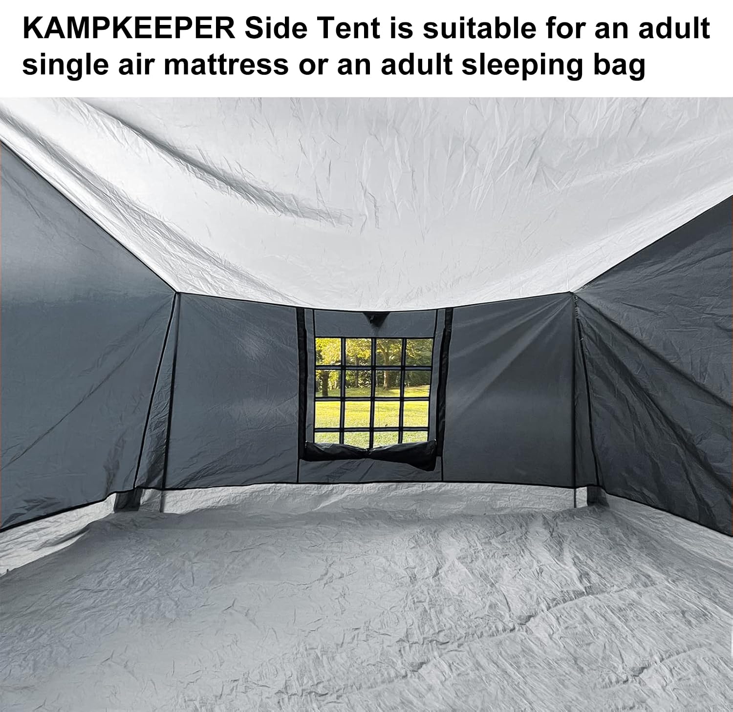 KAMPKEEPER Side Tent features a front door and rear screen for ventilation and insect protection.