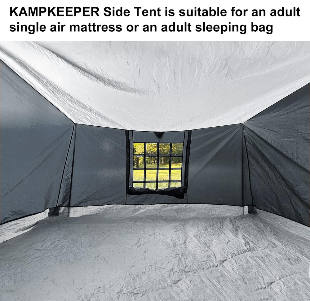 KAMPKEEPER Side Tent features a front door and rear screen for ventilation and insect protection.