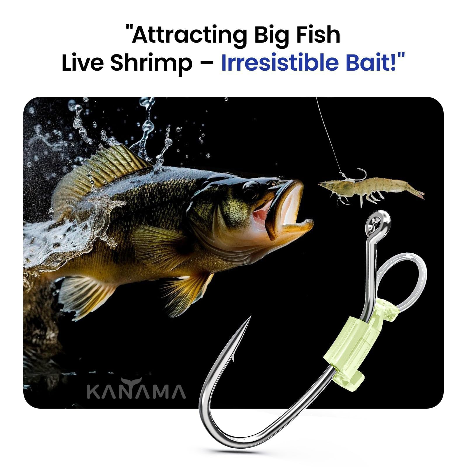 KANAMA Luminous Live Shrimp Hooks white nickel plating resists saltwater corrosion