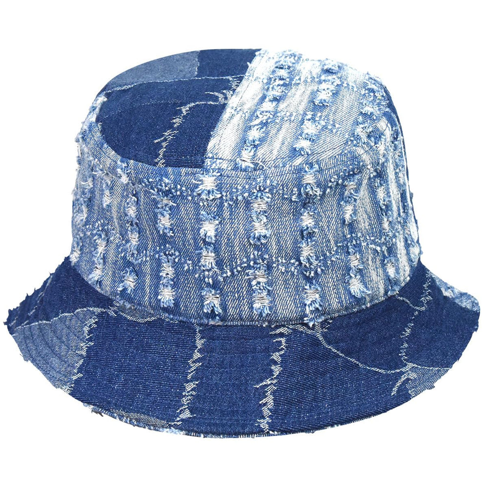 Kangol denim mash-up bucket hat showing 2-inch brim detail