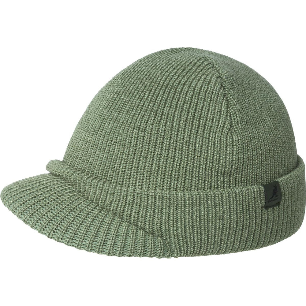 Back logo detail on Kangol beanie showing refined retro branding.