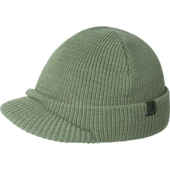Back logo detail on Kangol beanie showing refined retro branding.