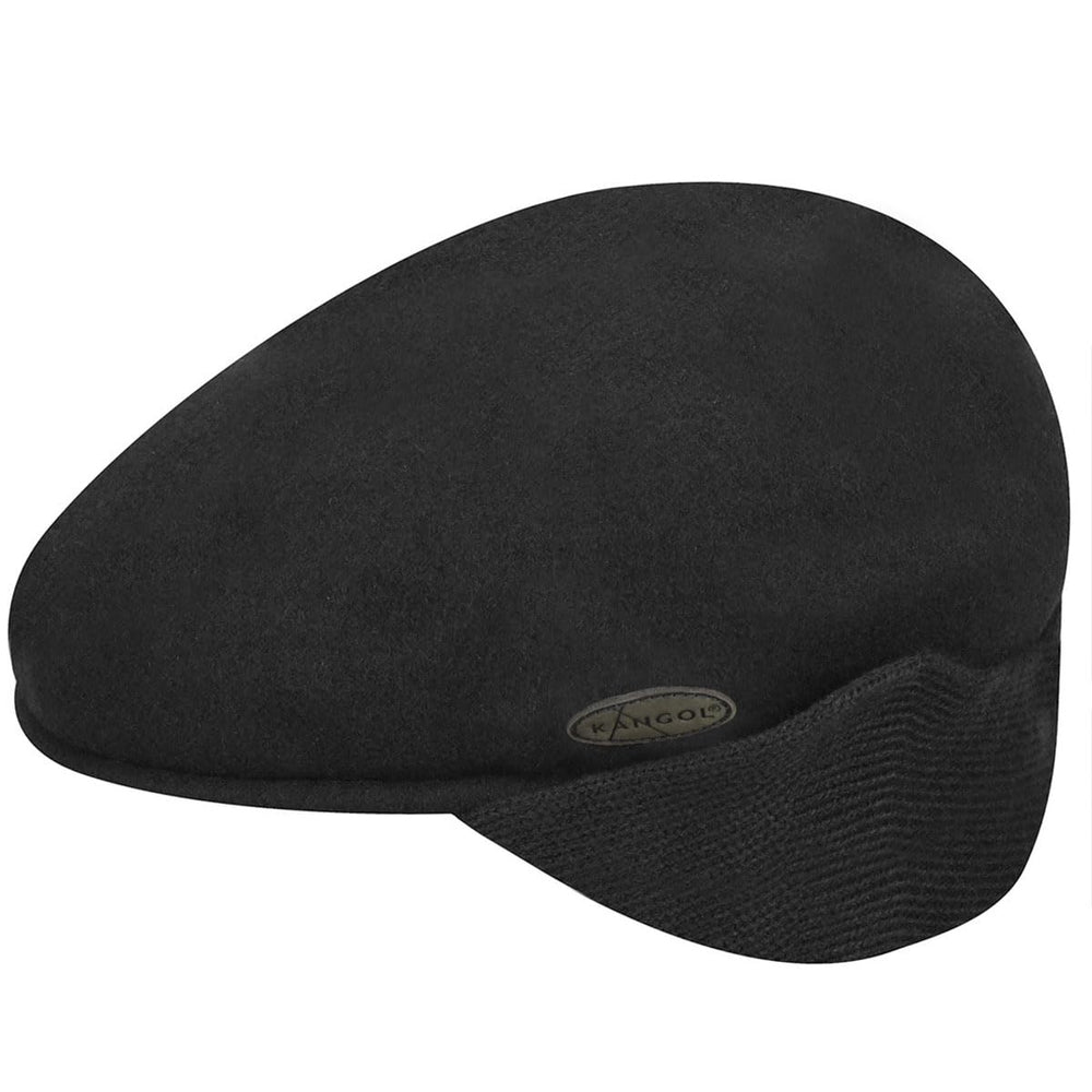 Kangol Wool 504 earflap hat side profile in black, stylish for casual and formal looks.