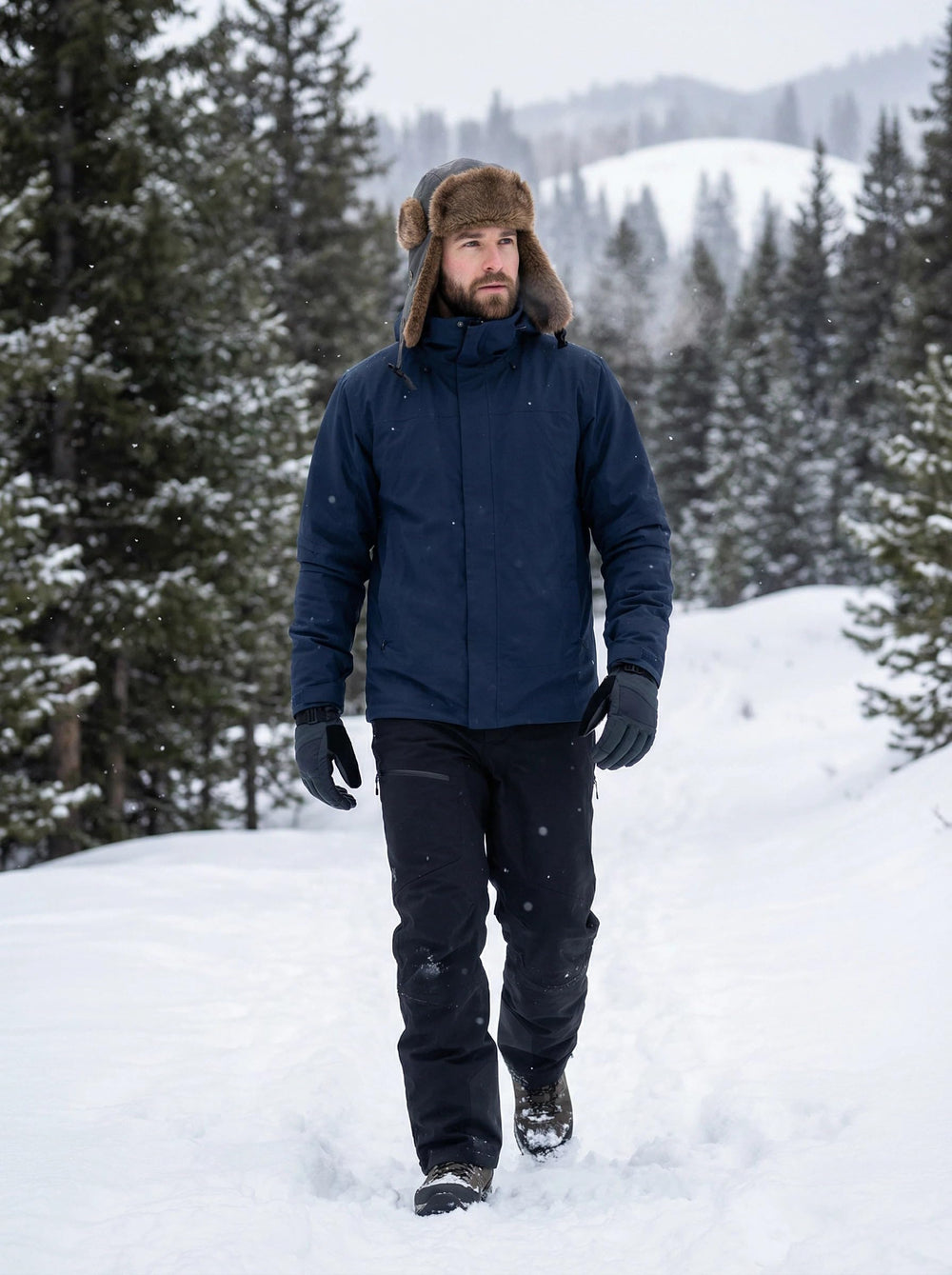 KANUT SPORTS Burnell ear-flaps-down view demonstrates wind protection on hikes