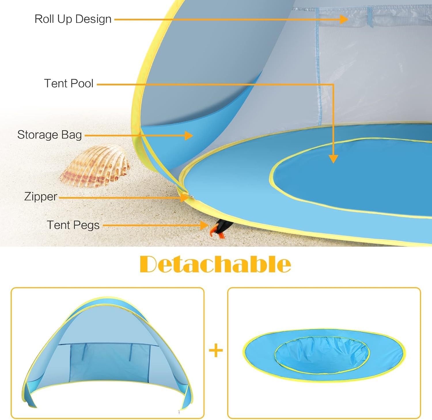 Kapeazo Shade Tent includes pegs and pockets for easy setup.