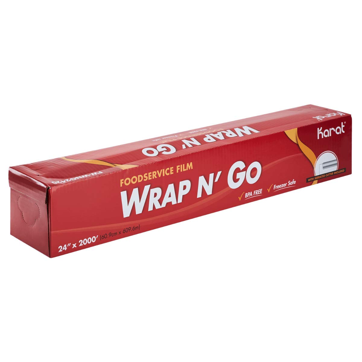 Karat Wrap N’ Go film with serrated cutter for quick, precise cuts