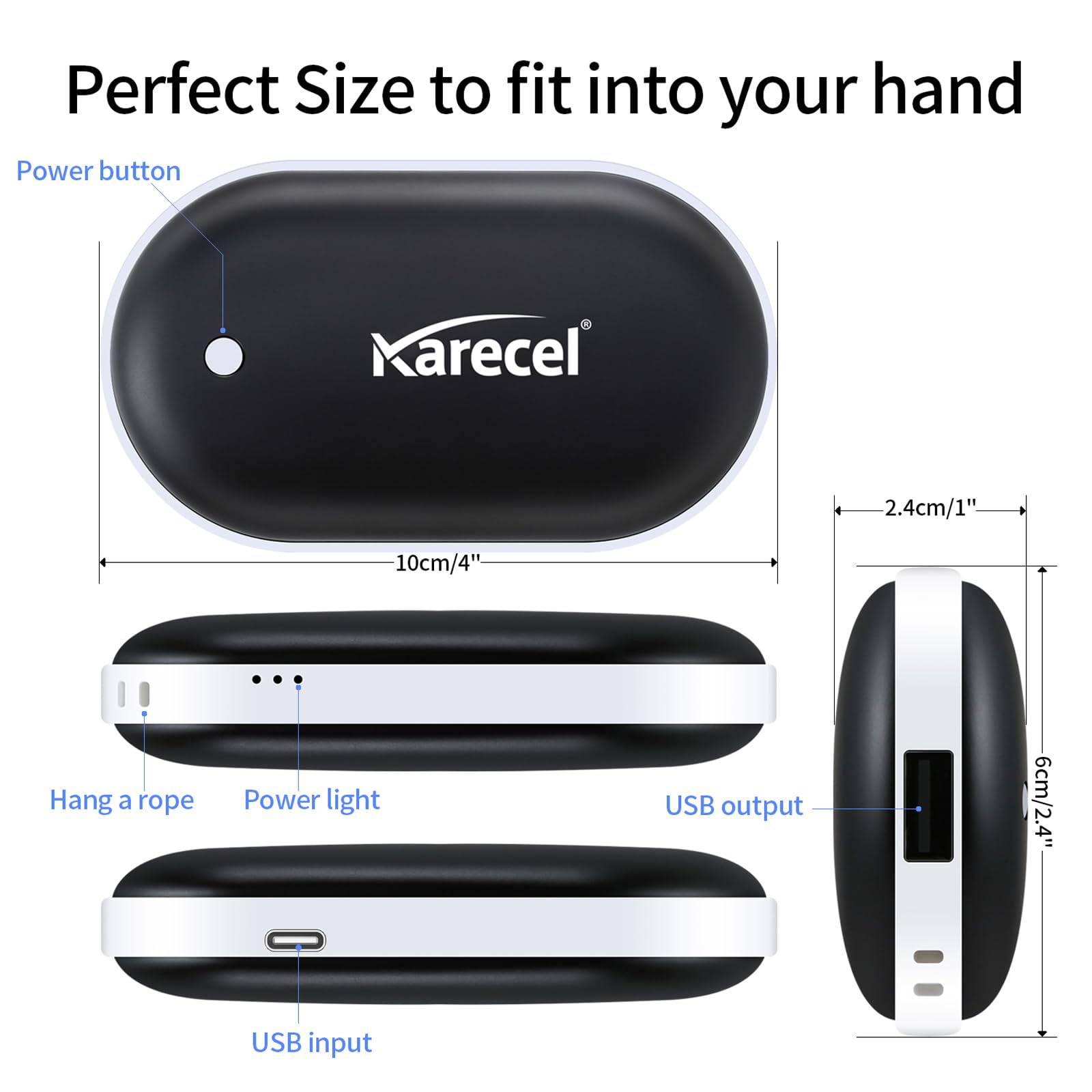 Karecel 10400mAh battery pack graphic emphasizes long-lasting warmth and emergency power.
