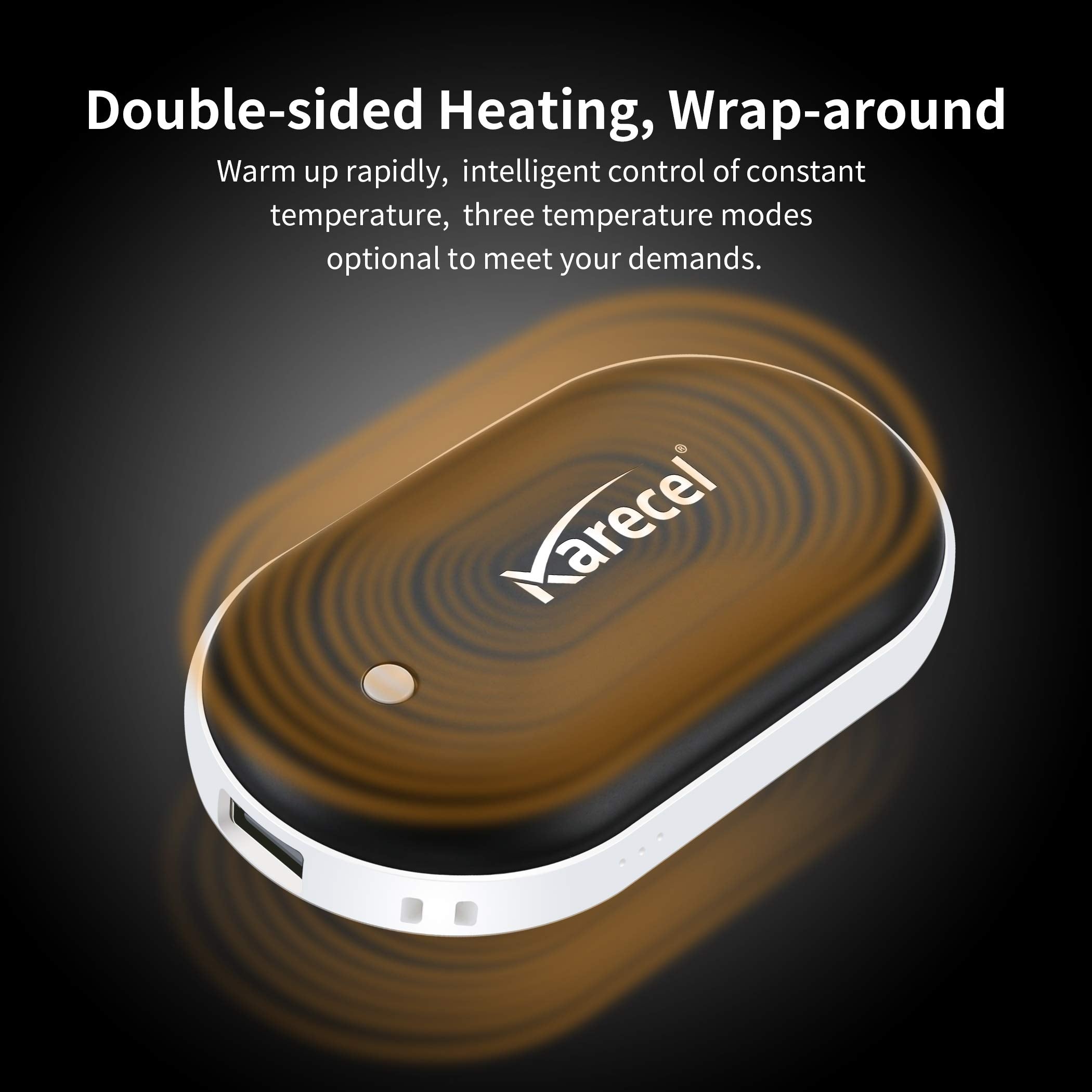 Karecel dual-side heating illustration highlights true full-coverage warmth even through gloves.