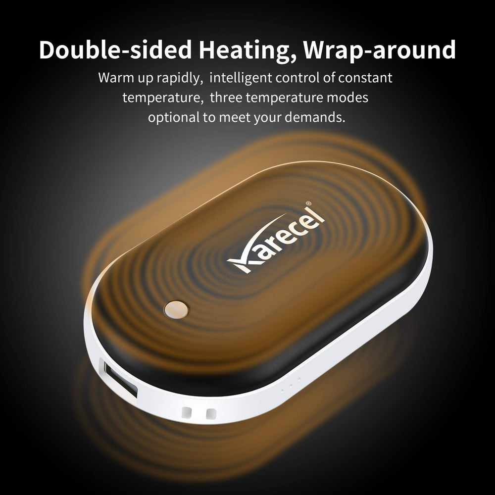 Karecel dual-side heating illustration highlights true full-coverage warmth even through gloves.