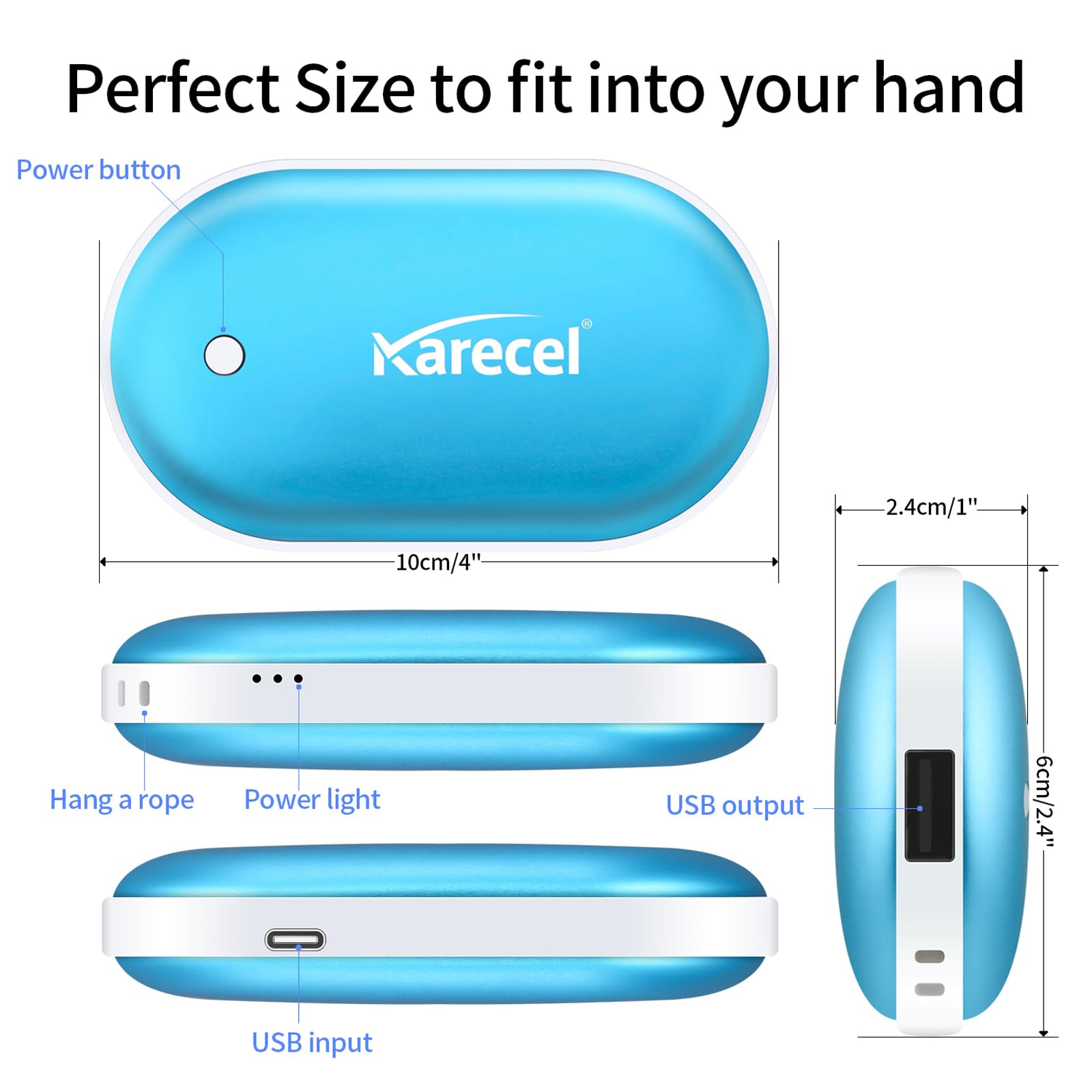 Karecel hand warmers with USB-C splitter cable charges two devices.