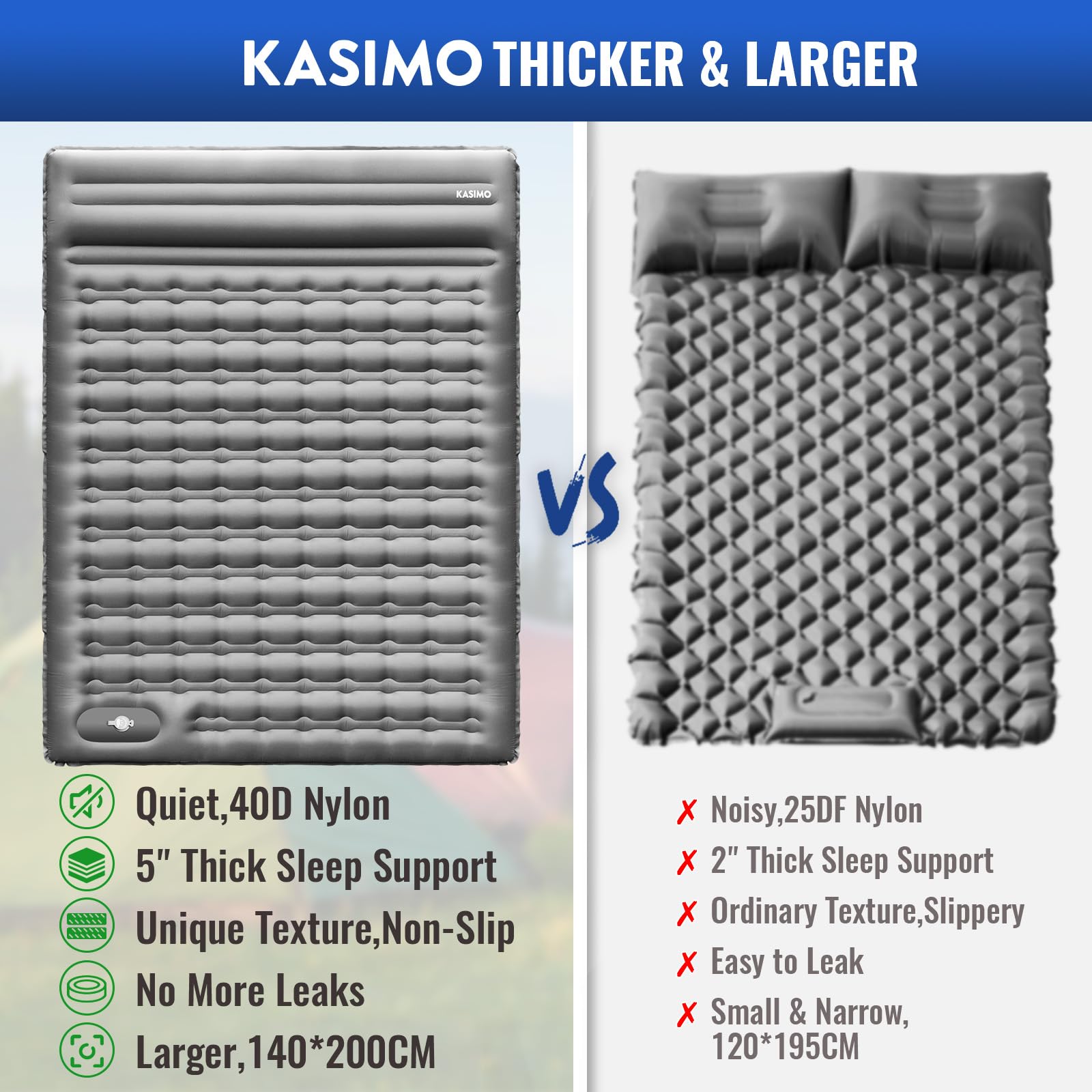 KASIMO double sleeping pad deflation valves enable quick packing after use.