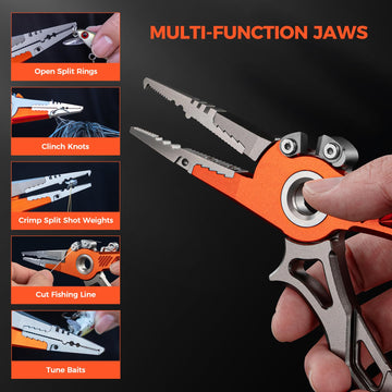 KastKing 7.5-inch aluminum pliers highlight corrosion-resistant build and line-cutting capability.