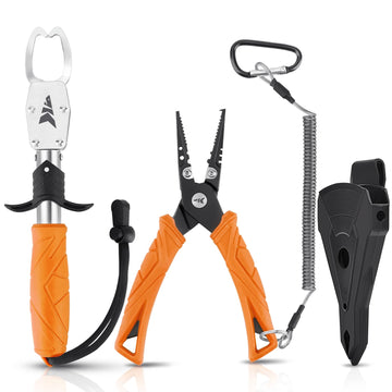 KastKing 7 inch fishing pliers with orange handle and fish lip gripper