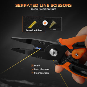 Serrated blades for cutting braided line and fluorocarbon