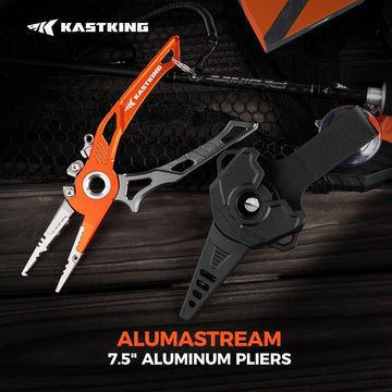 KastKing AlumaStream 7.5-inch pliers ergonomic design supports precise knot cinching.