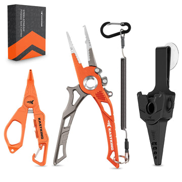 KastKing AlumaStream Finesse pliers close-up, lightweight aluminum body and tungsten cutters for clean line cuts.