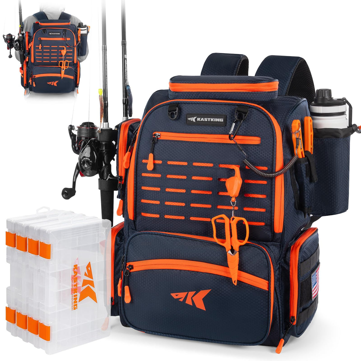 KastKing Bait Boss backpack main compartment keeps gear organized for quick access on the water.