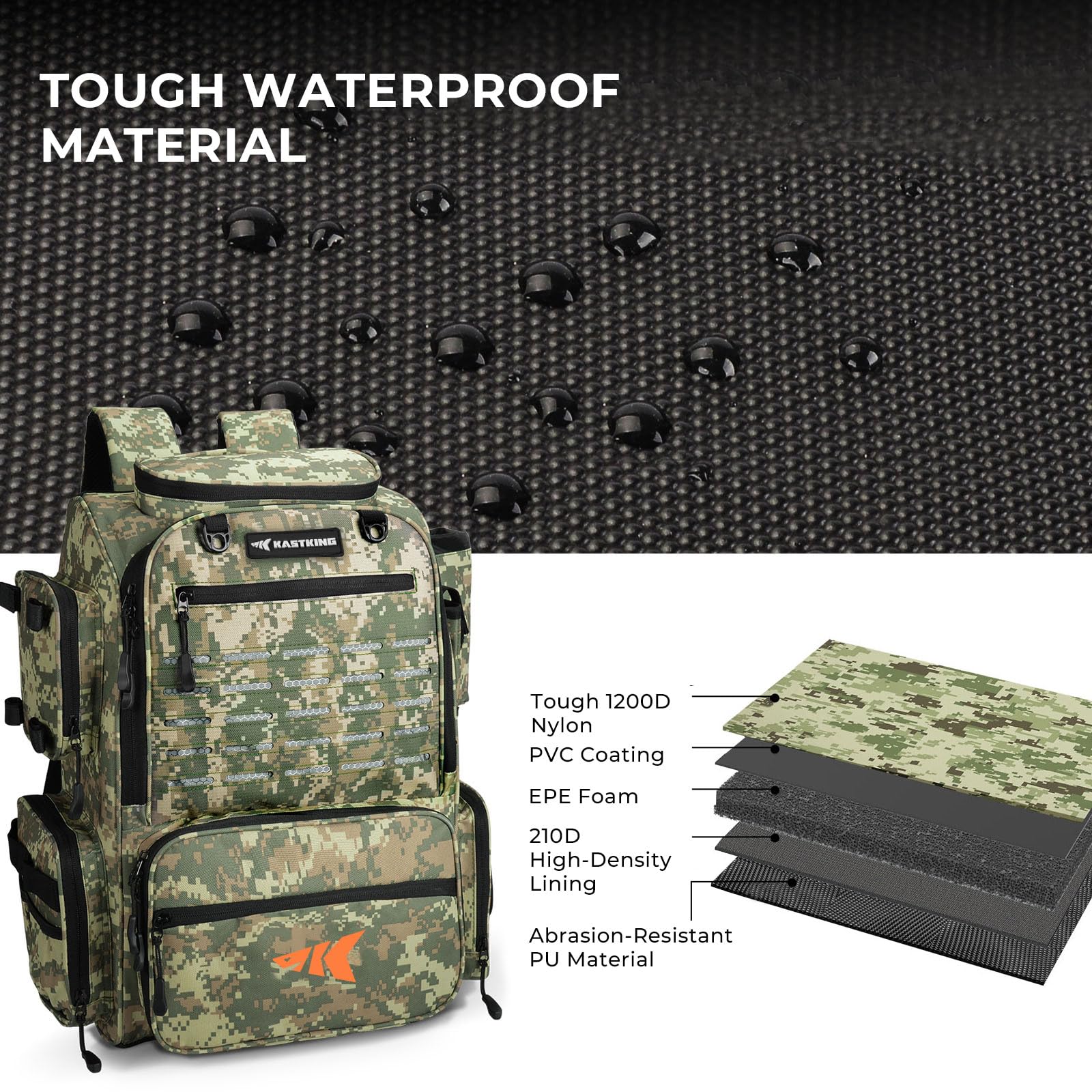 KastKing Bait Boss backpack rain cover keeps gear dry in wet conditions.