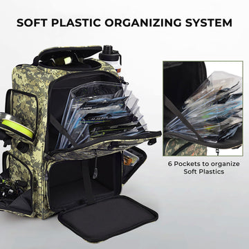 KastKing Bait Boss backpack with rod holders keeps gear ready on the dock.