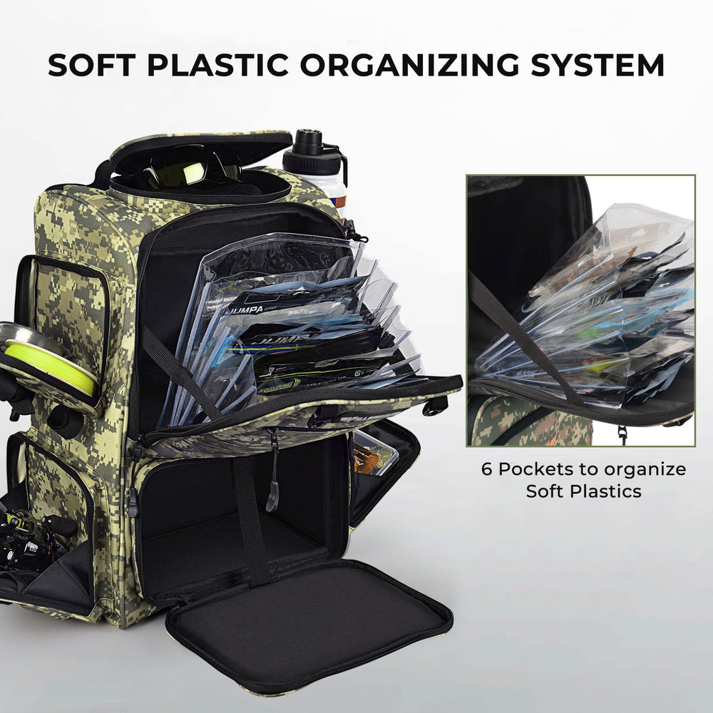 KastKing Bait Boss backpack with rod holders keeps gear ready on the dock.