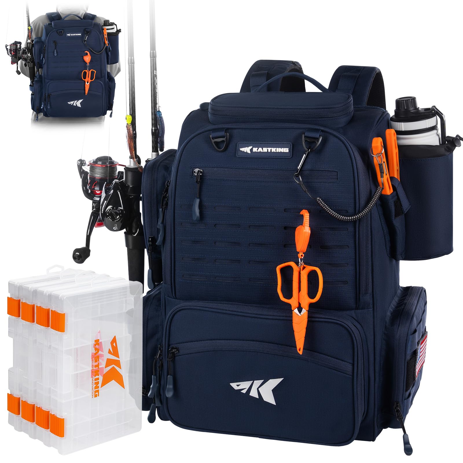 KastKing Bait Boss Pro backpack side view shows rugged blue shell for all-day fishing