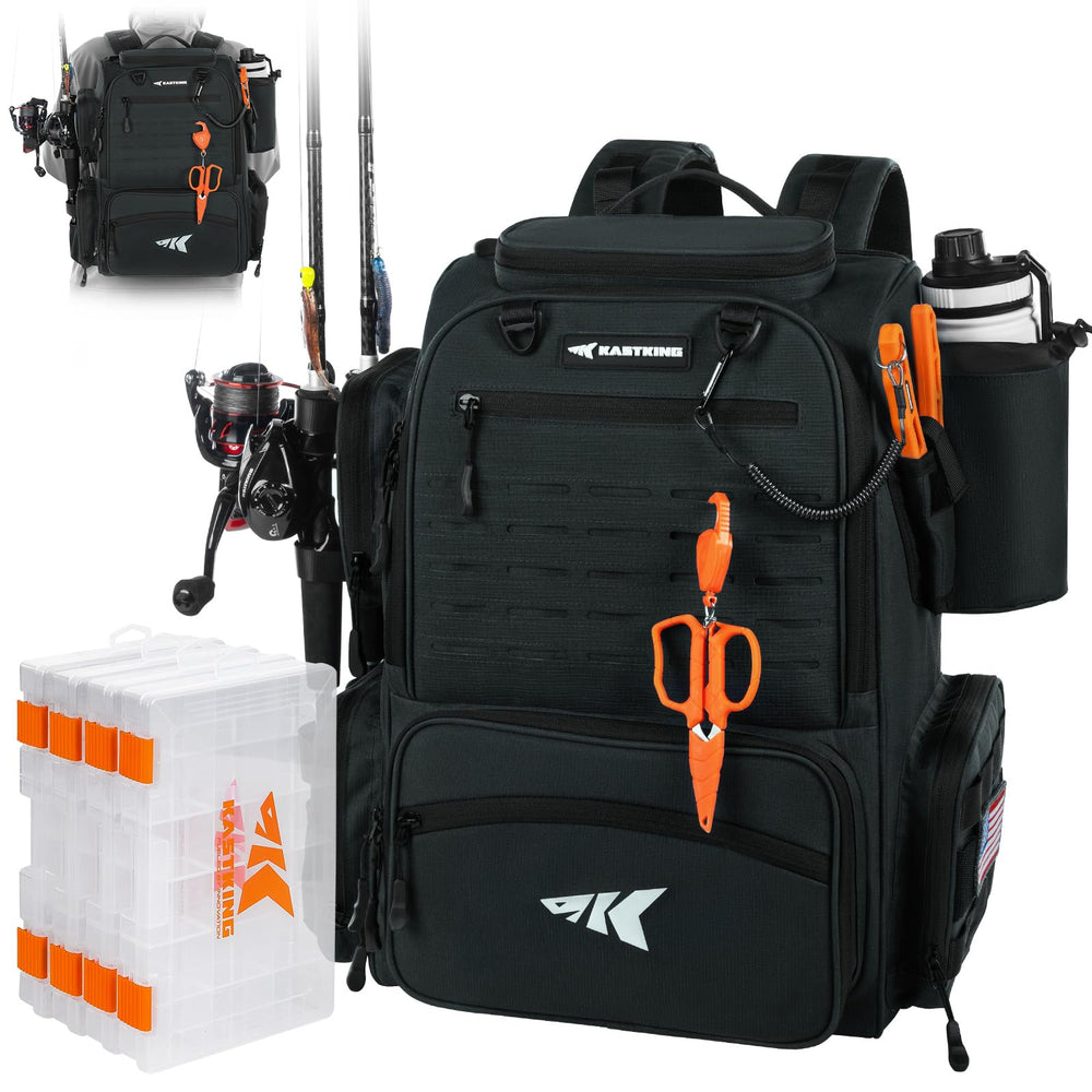 KastKing Bait Boss Pro backpack front view shows organized storage for quick bait access.