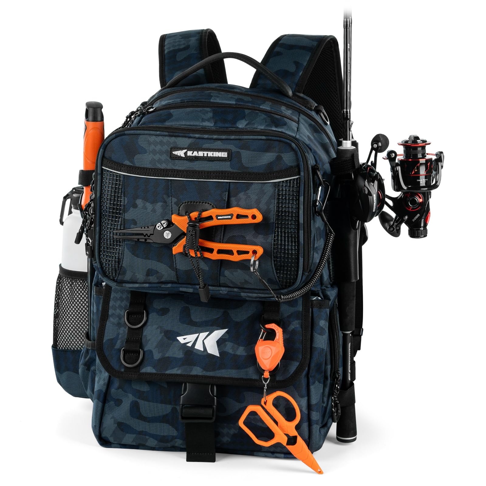 KastKing BaitSpace 50L backpack blue camo back view for all-day fishing storage.