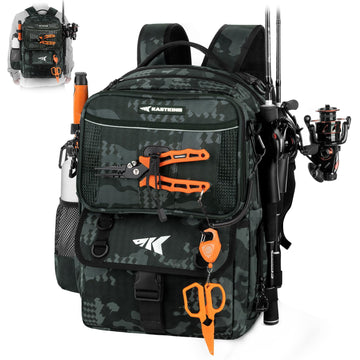 KastKing BaitSpace 50L backpack front view highlighting rugged rip-stop fabric for rugged fishing trips.