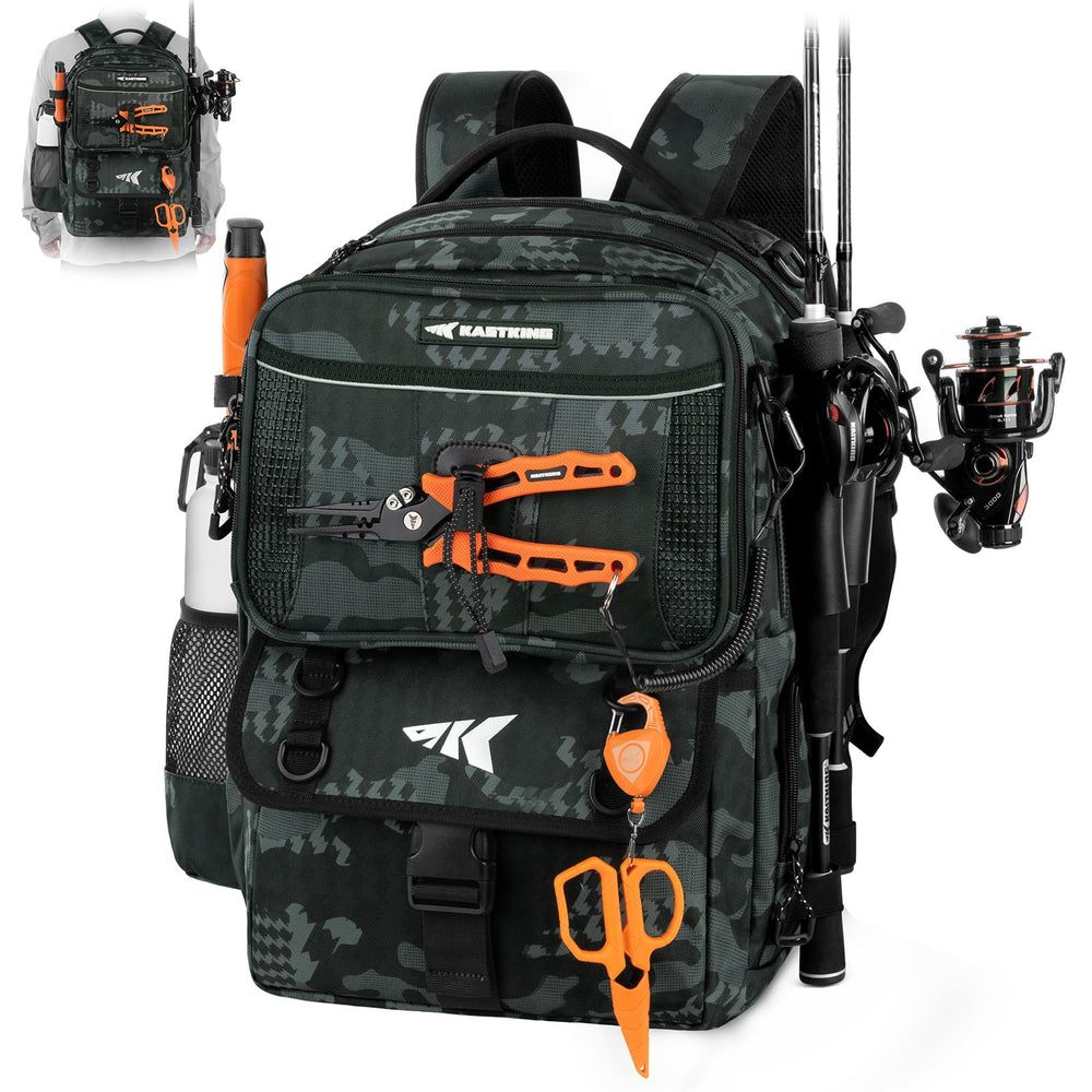 KastKing BaitSpace 50L backpack front view highlighting rugged rip-stop fabric for rugged fishing trips.