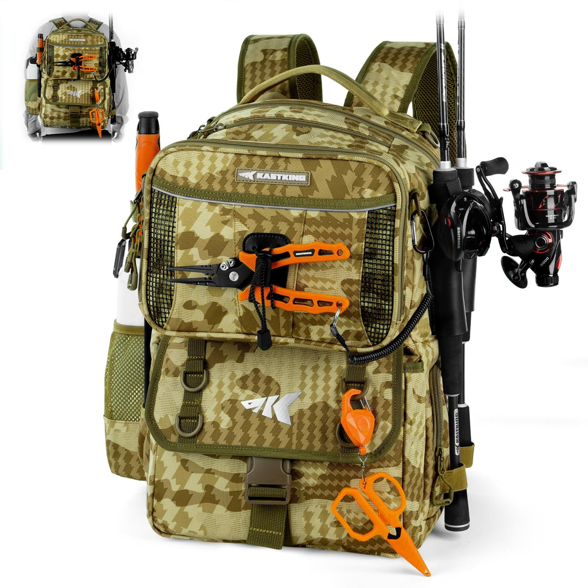 KastKing BaitSpace 50L backpack main compartment for organized tackle storage on rugged trips.