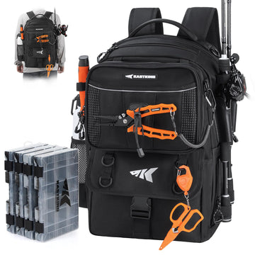 KastKing BaitSpace 50L Backpack with spacious main compartment for tackle on long trips.
