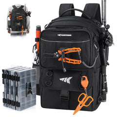KastKing BaitSpace 50L Backpack with spacious main compartment for tackle on long trips.
