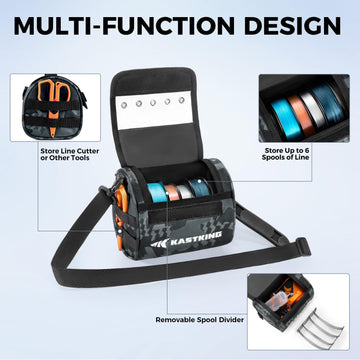 KastKing BaitSpace bag 6-spool divider shows versatile storage layout.