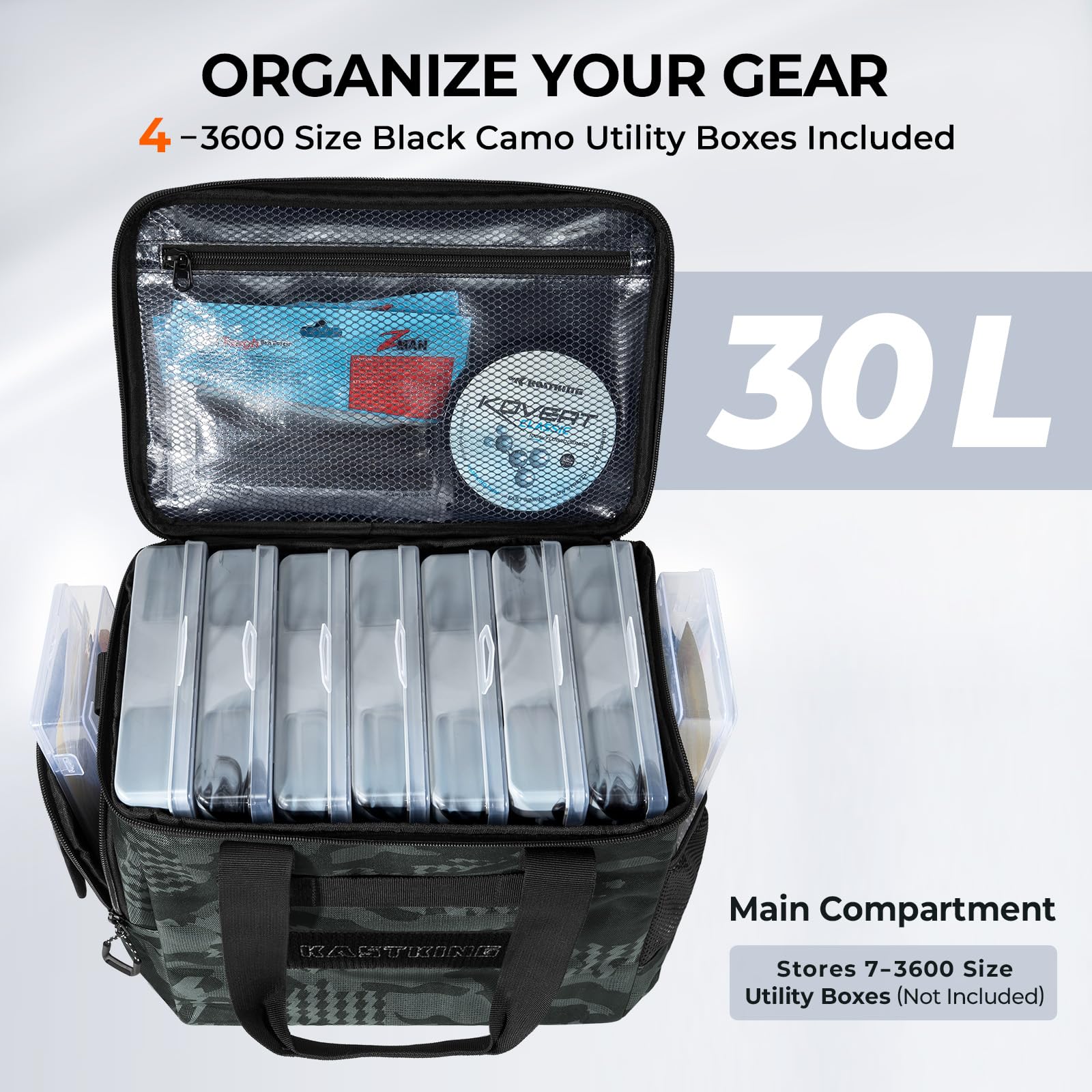 KastKing BaitSpace bag's internal EPE foam cushions gear during bumpy trips.