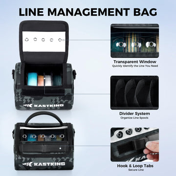 KastKing BaitSpace bag open divider demonstrates easy customization for six spools.