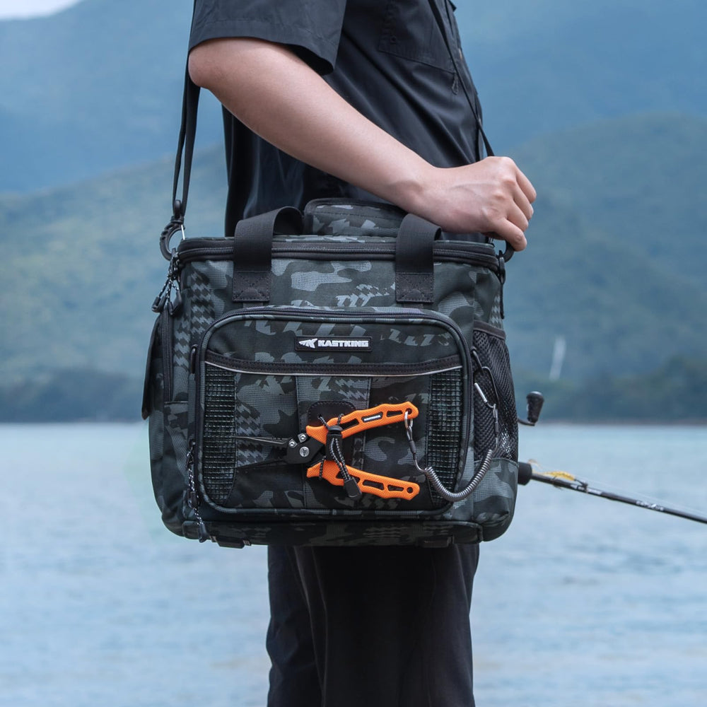 KastKing BaitSpace bag shows waterproof PVC coating for rain and spray protection.