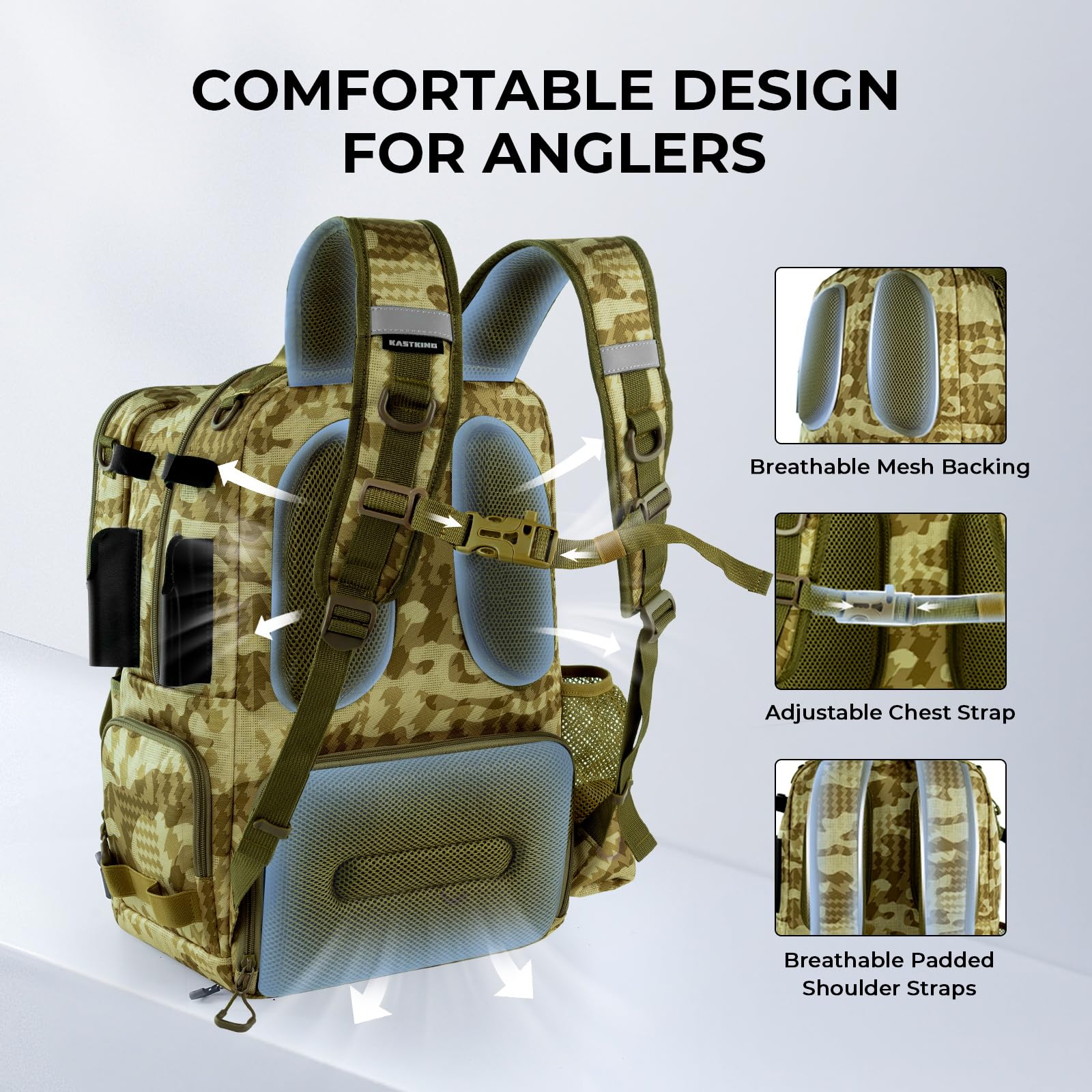 KastKing BaitSpace breathable back pad enhances comfort on long trips.