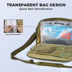 Inside view of sleeves and organization for soft baits and hooks