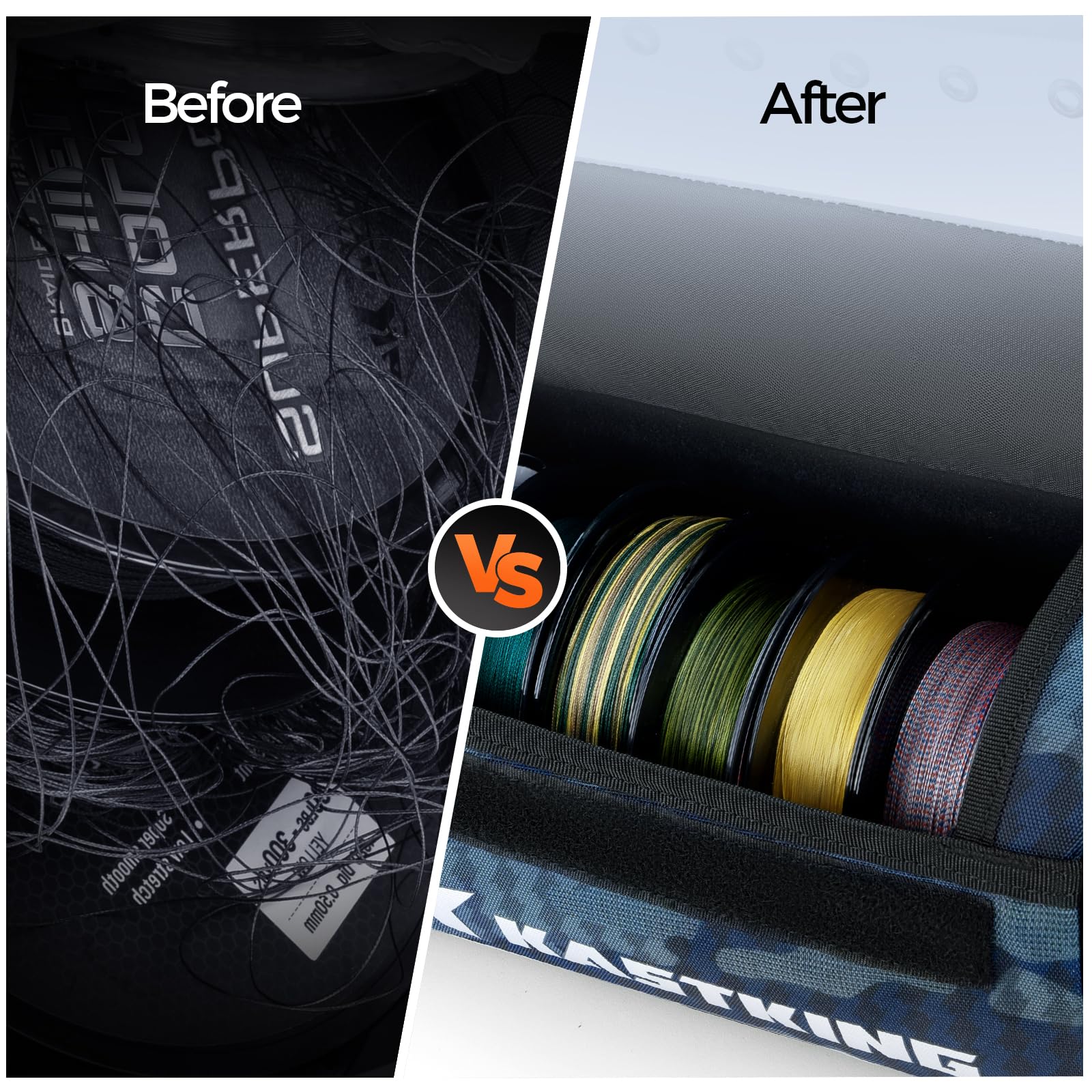 KastKing BaitSpace divider holds up to 10 spools for tidy backups.