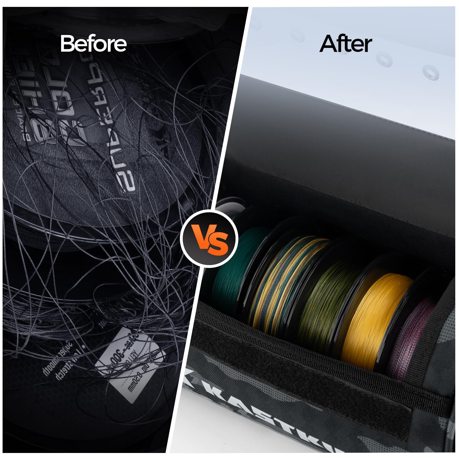 KastKing BaitSpace removable divider supports organized storage for up to ten spools.