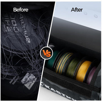 KastKing BaitSpace removable divider supports organized storage for up to ten spools.
