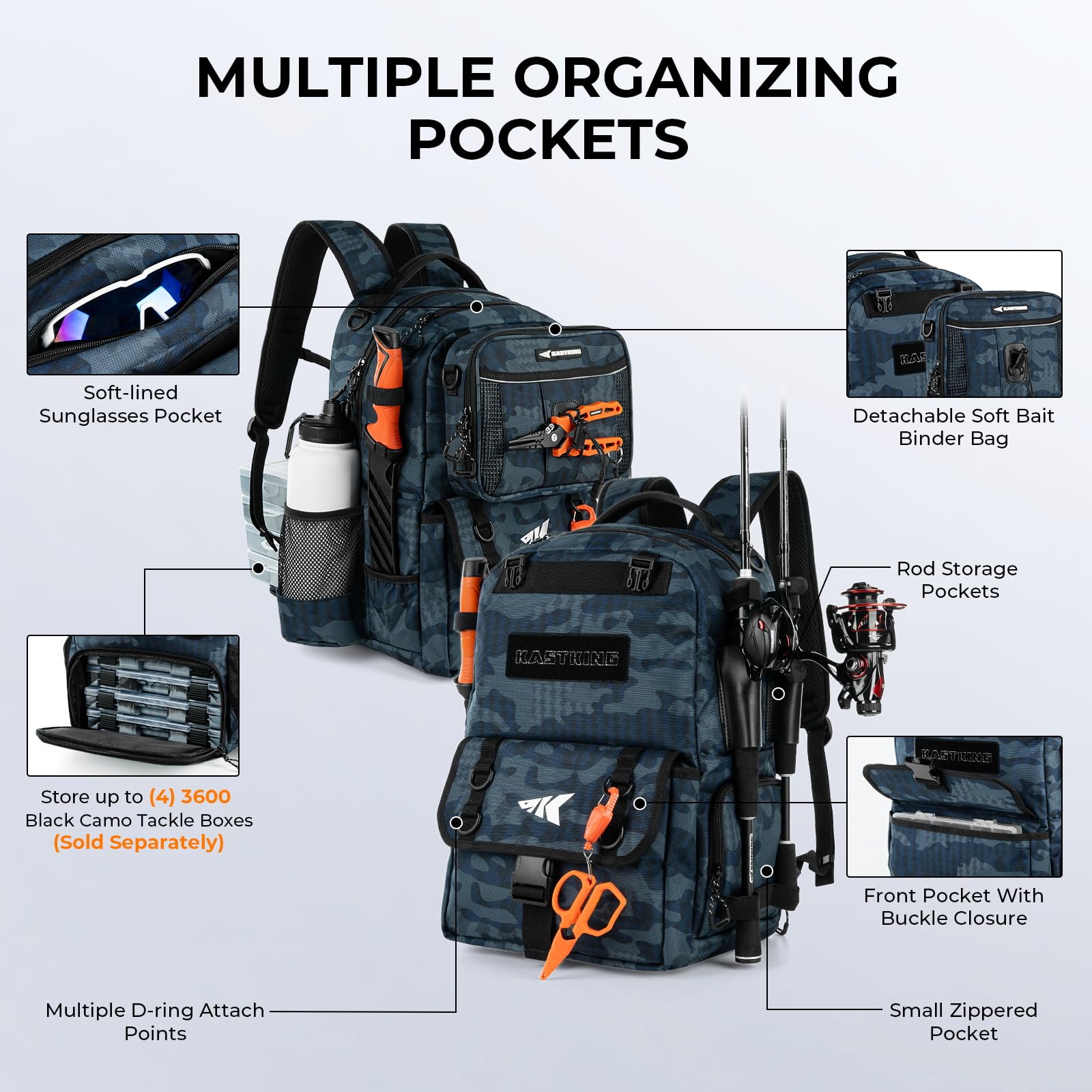 KastKing BaitSpace main compartment two-section layout enables flexible tackle setup.