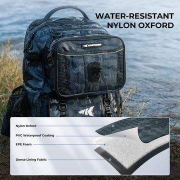 KastKing BaitSpace two rod holders securely mounted on backpack.