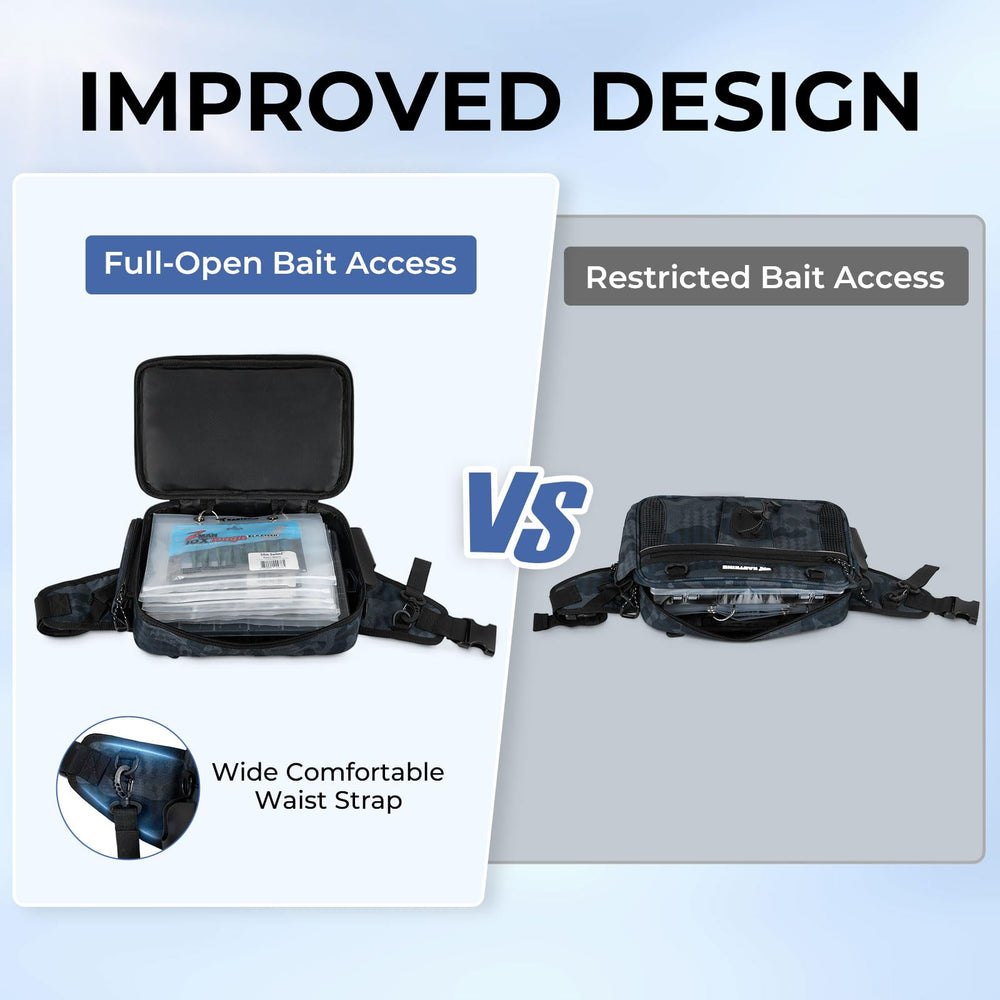 Open BaitSpace Waist Bag showing multiple compartments and 3600 utility box
