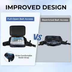 Open BaitSpace Waist Bag showing multiple compartments and 3600 utility box