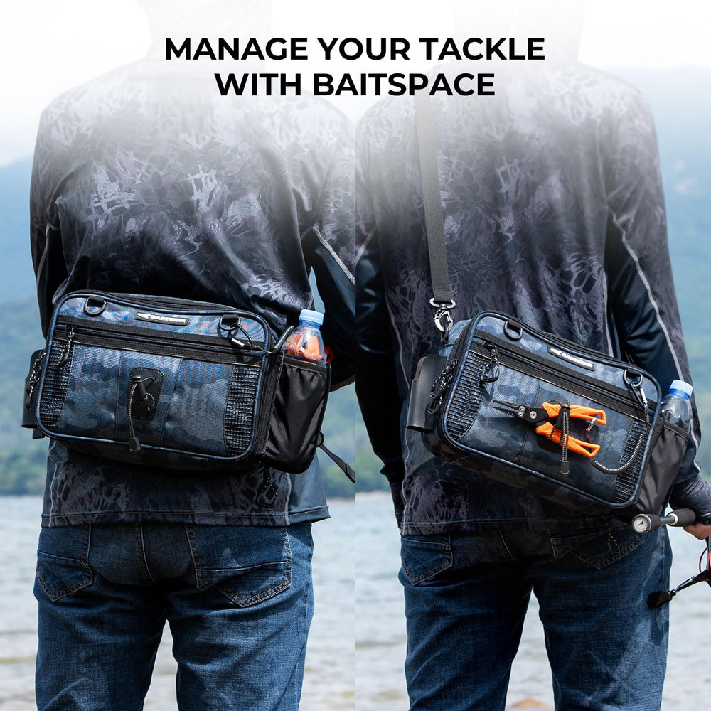 Blue camo KastKing BaitSpace Waist Bag ready for travel